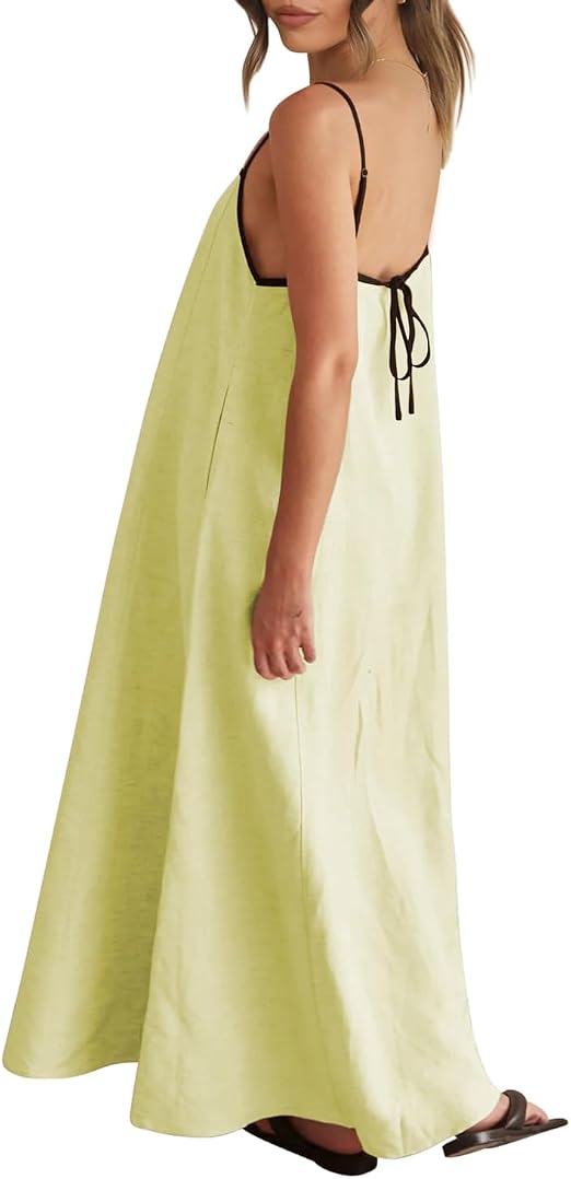 Lemon Yellow Women's 2026 Summer Linen Maxi Dress Contrast Spaghetti Strap Dress Backless Casual Party Beach Dresses