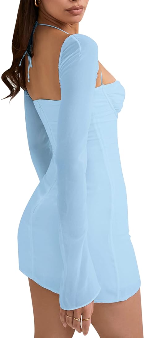 Mesh-sky-blue Women's Mesh Dress Long Puff Sleeve Mini Bodycon Sweet Neck Party Mini Dresses for Women