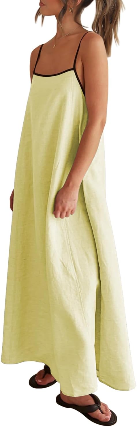 Lemon Yellow Women's 2026 Summer Linen Maxi Dress Contrast Spaghetti Strap Dress Backless Casual Party Beach Dresses