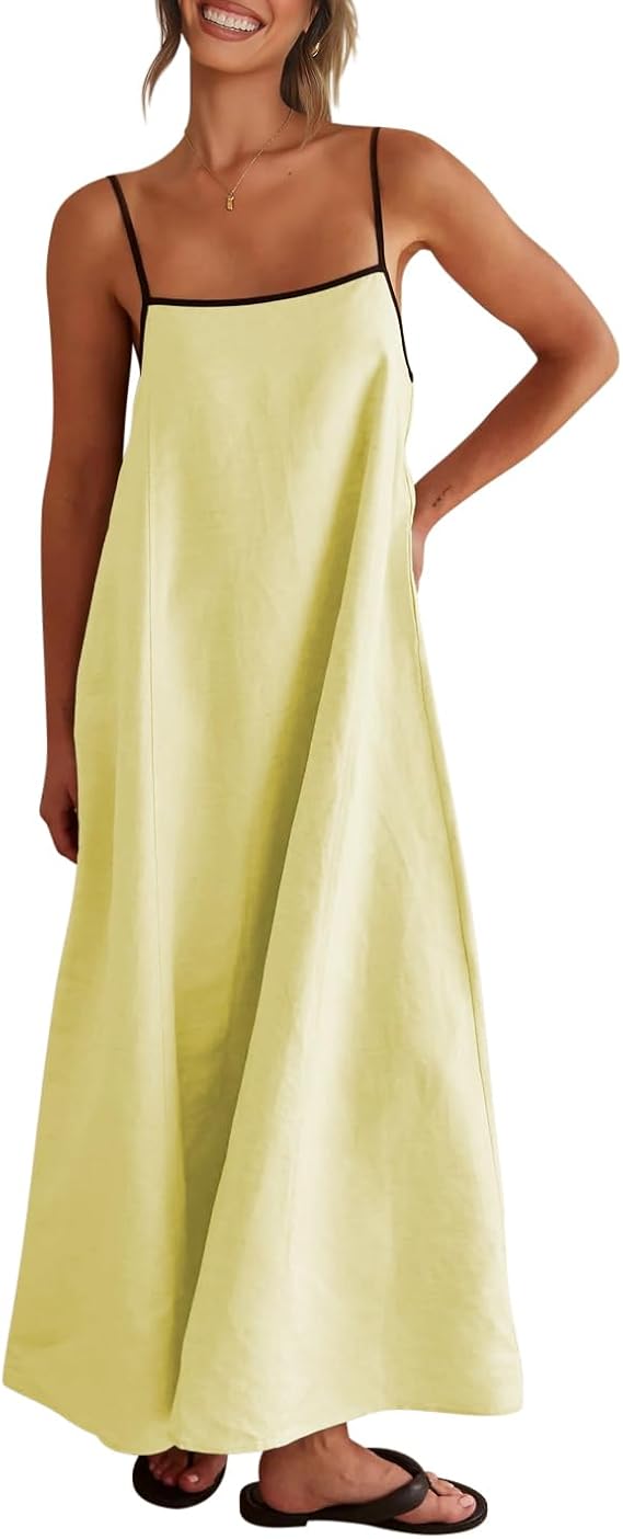 Lemon Yellow Women's 2026 Summer Linen Maxi Dress Contrast Spaghetti Strap Dress Backless Casual Party Beach Dresses