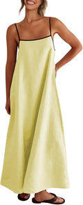 Lemon Yellow Women's 2026 Summer Linen Maxi Dress Contrast Spaghetti Strap Dress Backless Casual Party Beach Dresses