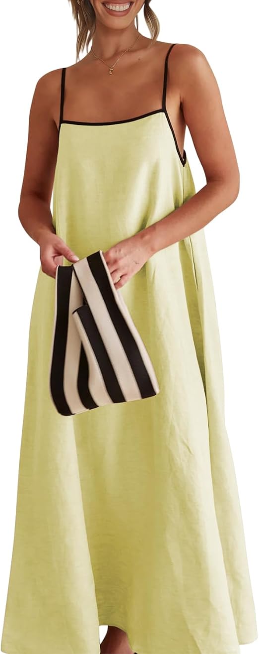 Lemon Yellow Women's 2026 Summer Linen Maxi Dress Contrast Spaghetti Strap Dress Backless Casual Party Beach Dresses