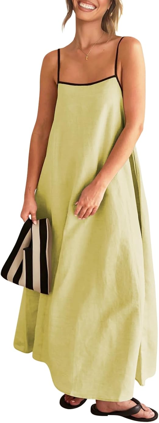 Lemon Yellow Women's 2026 Summer Linen Maxi Dress Contrast Spaghetti Strap Dress Backless Casual Party Beach Dresses
