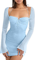 Mesh-sky-blue Women's Mesh Dress Long Puff Sleeve Mini Bodycon Sweet Neck Party Mini Dresses for Women