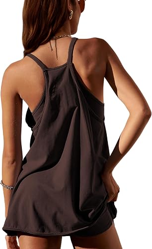 Brown Women's Athletic Dress with Built-in Shorts V Neck Spaghetti Strap Tennis Golf Summer Sundress