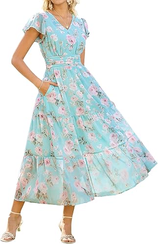 2026 Women Summer Dress,Maxi Short Sleeve Floral Dresses,Semi Formal Flowy Wedding Guest Dress with Pocket