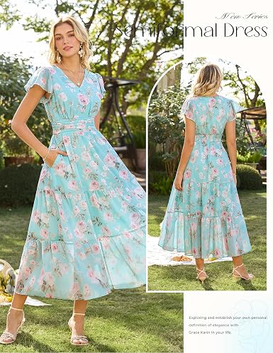 2026 Women Summer Dress,Maxi Short Sleeve Floral Dresses,Semi Formal Flowy Wedding Guest Dress with Pocket