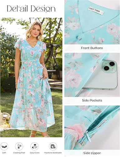 2026 Women Summer Dress,Maxi Short Sleeve Floral Dresses,Semi Formal Flowy Wedding Guest Dress with Pocket