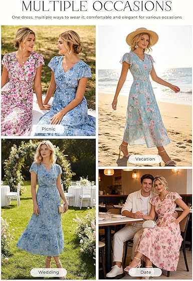 2026 Women Summer Dress,Maxi Short Sleeve Floral Dresses,Semi Formal Flowy Wedding Guest Dress with Pocket